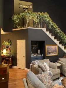 Luxury family room remodel with high ceilings, hardwood floors, and custom molding in Perkasie, PA